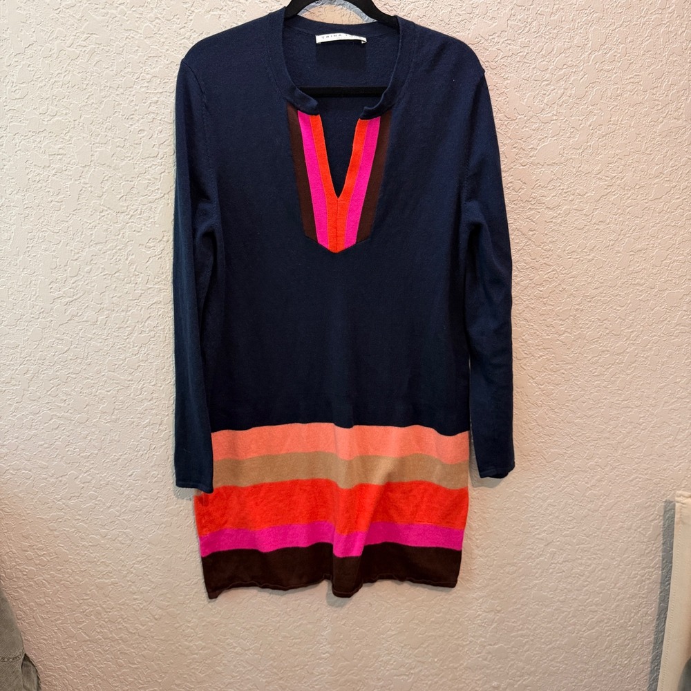 Trina Turk Camp Striped Sheath Sweater‎ Dress Merino Wool Small Mod Retro Navy